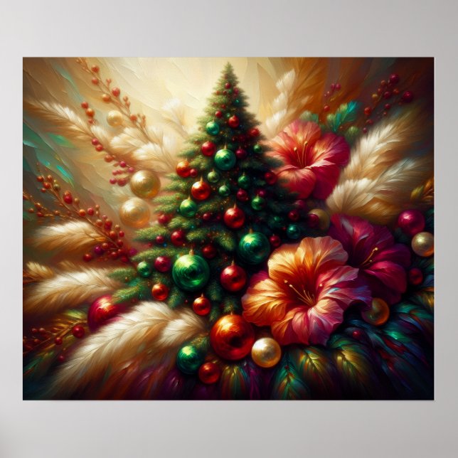 Julgran och blommor på en vacker vägg poster (Framsidan)