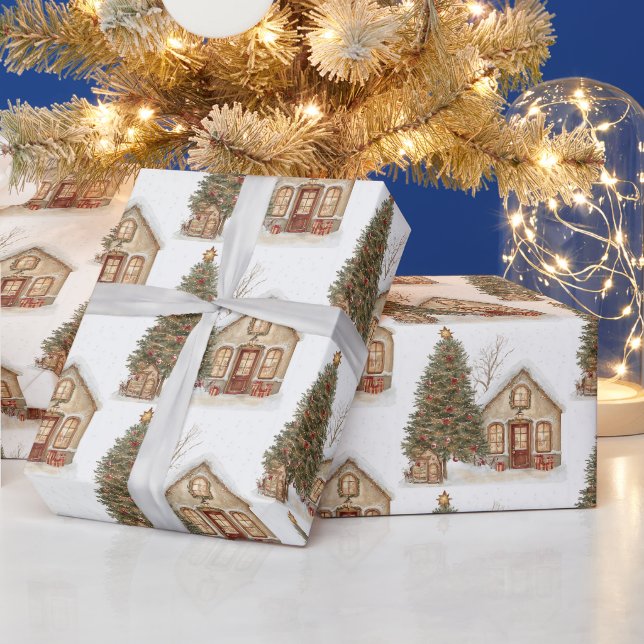Julgran och mysig vinterstuga  presentpapper (Helgdagar)
