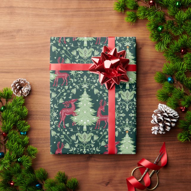 Julgran och ren - Folkkonst - Grön Presentpapper (Julgåva)