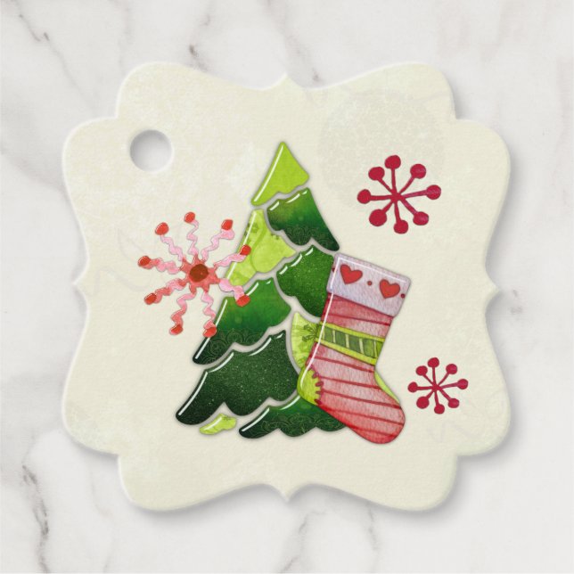Julgran och Stocking Whimsey Gåvor Etiketter (Framsida)