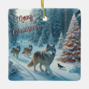 Julgran och vargar i snöornament julgransprydnad keramik