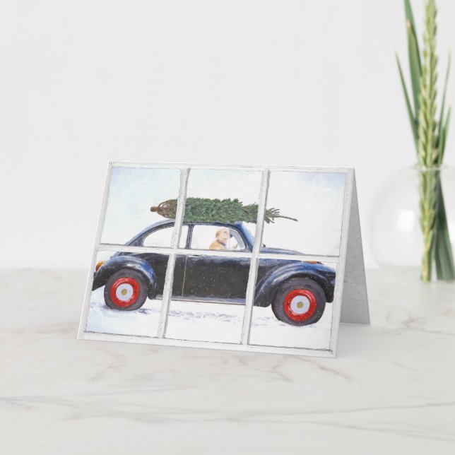 Julgran på bil med hund i snöfönster kort (Framsida)