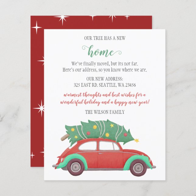 Julgran på bil Vi har flyttat Julkort (Fram/baksida)