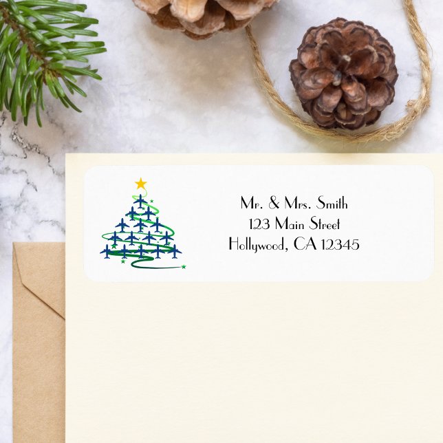 Julgran på flygplan, minimalistiskt foto returadress etikett (Skapare uppladdad)