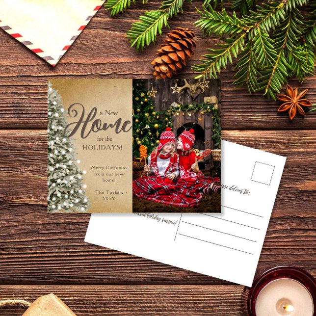 Julgran på Parchment New Home Photo Flytta Vykort (Skapare uppladdad)