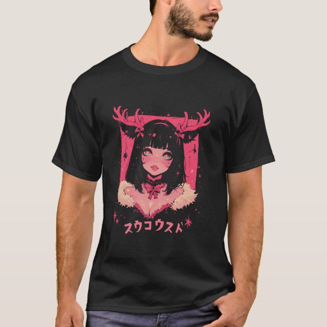 Julgran Pastel Anime Girl Waifu gullholid T Shirt (Framsida)
