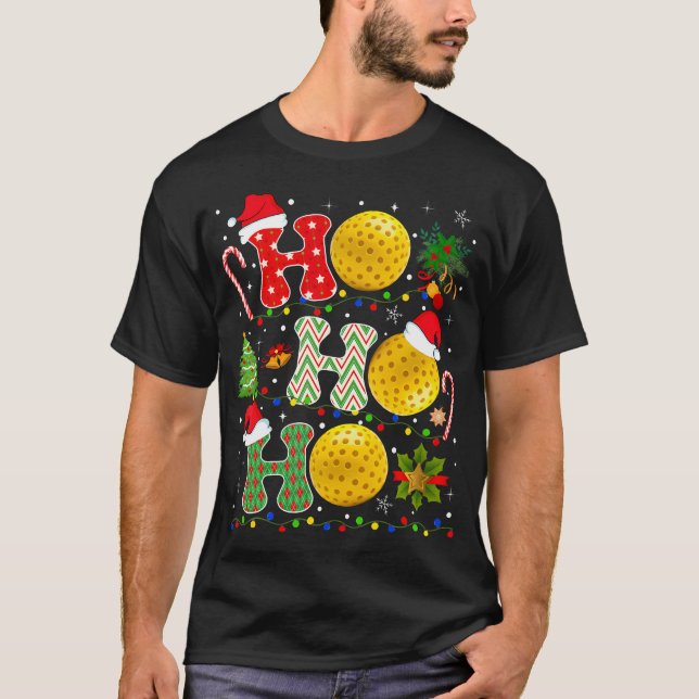 Julgran Pickleball Ho Ho Ho Ho Santa Ljus T Shirt (Framsida)