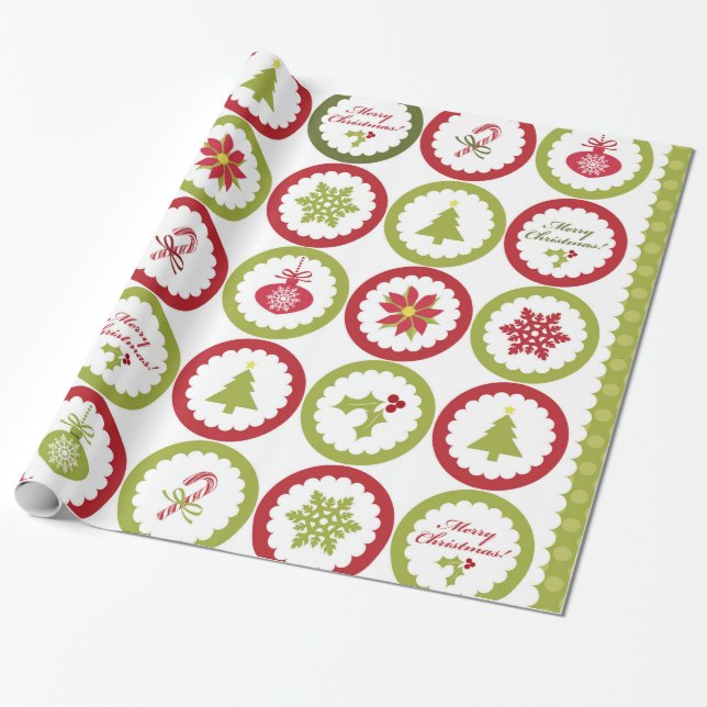 Julgran poinsettia snöflingor mönster presentpapper (Utrullad)