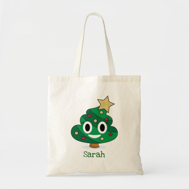 Julgran Poop Emoji Tote Bag Tygkasse (Framsidan)