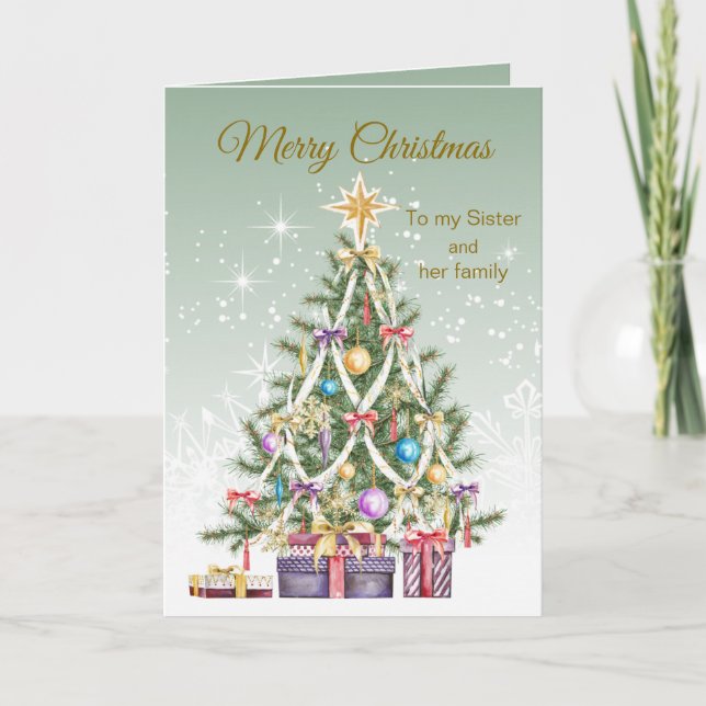 Julgran, presenter, syster och hennes familj helgkort (Framsida)