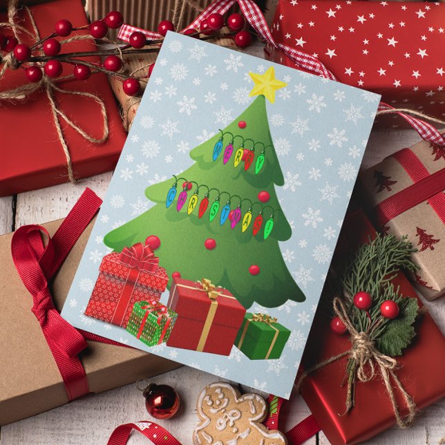 Julgran & Presenter Winter Snö Ditt meddelande (Christmas Tree & Presents Winter Snow Your Message Holiday Card)
