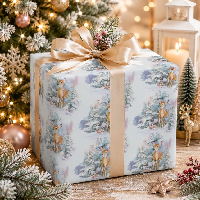 Julgran presentpapper med snöig hjort (Skapare uppladdad)