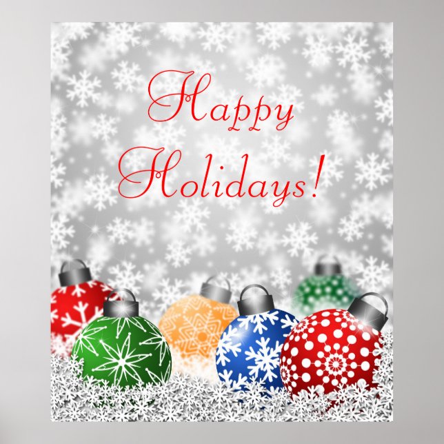 Julgran-prydnadsföremål på Snowy Background Poste Poster (Framsidan)