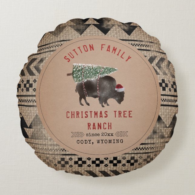 julgran Ranch Santa Buffalo Burlap Rund Kudde (Framsidan)