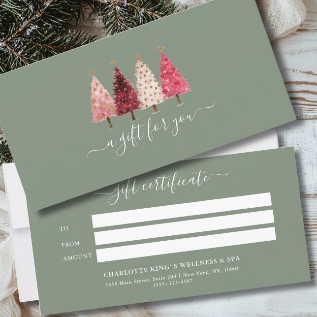 Julgran Red Rosa Grönt Gift-certifikat (Custom Whimsical Red Pink Green Business Salon Gift Certificate)