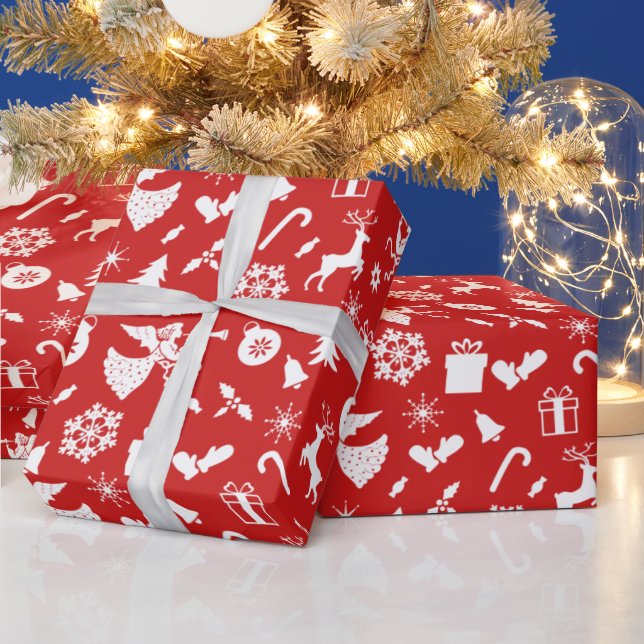 Julgran Reindeer Snowflake Angel Red White Presentpapper (Helgdagar)