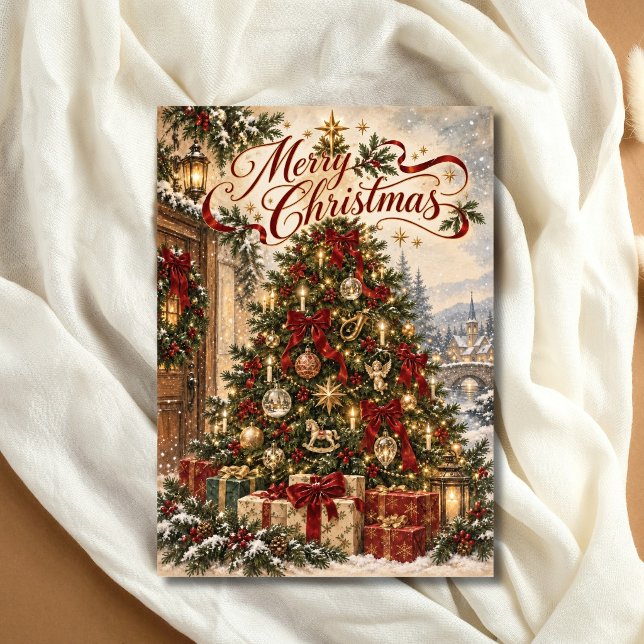 Julgran religiös kristen jul julkort (Vintage Christmas Tree Merry Christmas card. Personalize message on back)