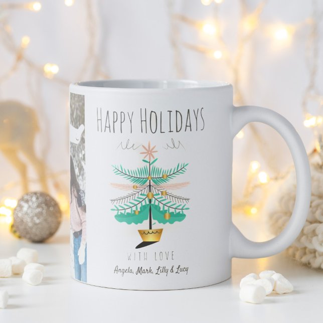 Julgran Retro Pastel Lycklig Helgdag Photo Kaffemugg (Cute retro teal pink Christmas tree with Happy Holiday message at the top with who it is from.)