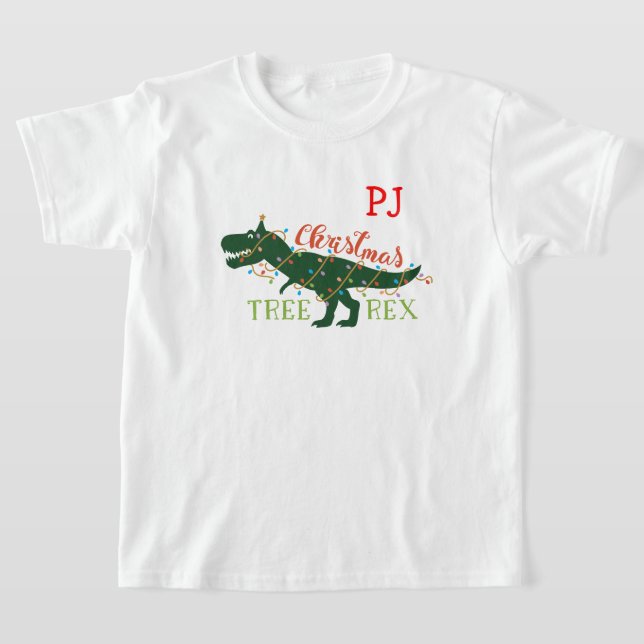 Julgran-Rex Dinosaur Red Initialer T Shirt (Laydown)