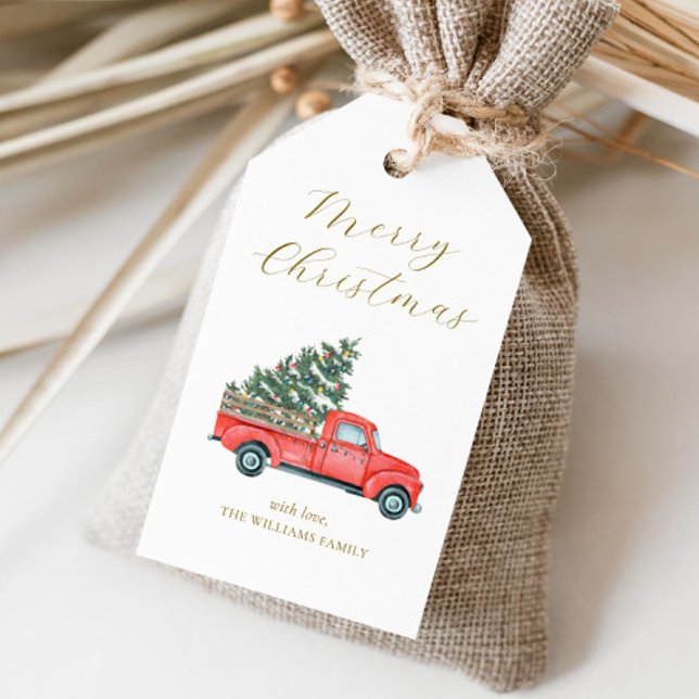 Julgran & Röd Lastbil Klassigt God Jul Presentetikett (Skapare uppladdad)