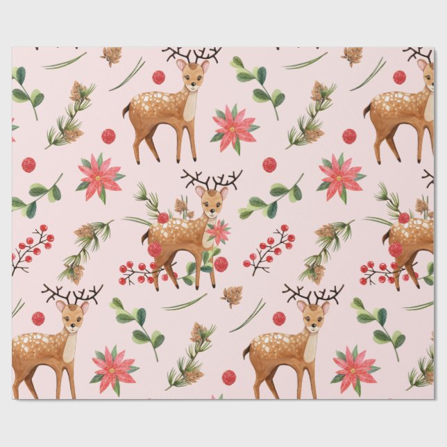 julgran Rosa Berries Hjort Wrapping Papper Presentpapper (Platt)