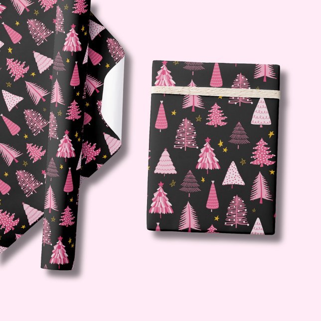 Julgran Rosa Black Presentpapper (Pink Christmas tree on black, wrapping paper rolls. Other colors & matching products available.)