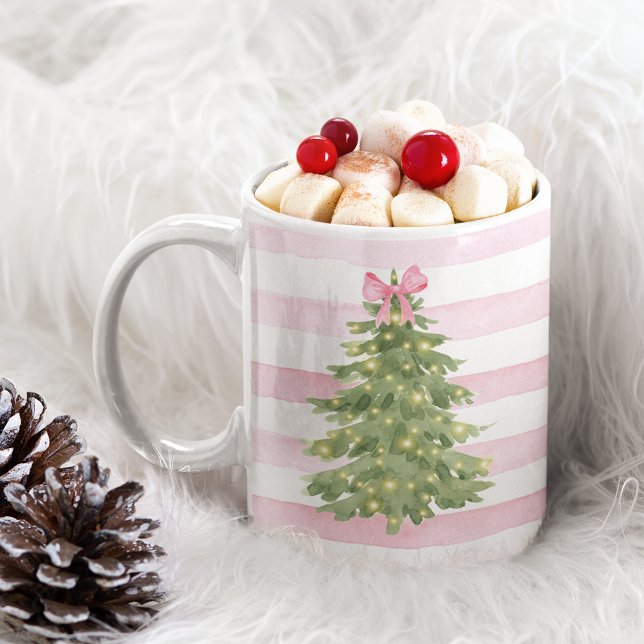 Julgran, Rosa Bow & Rand Helgdag Mugg (Skapare uppladdad)