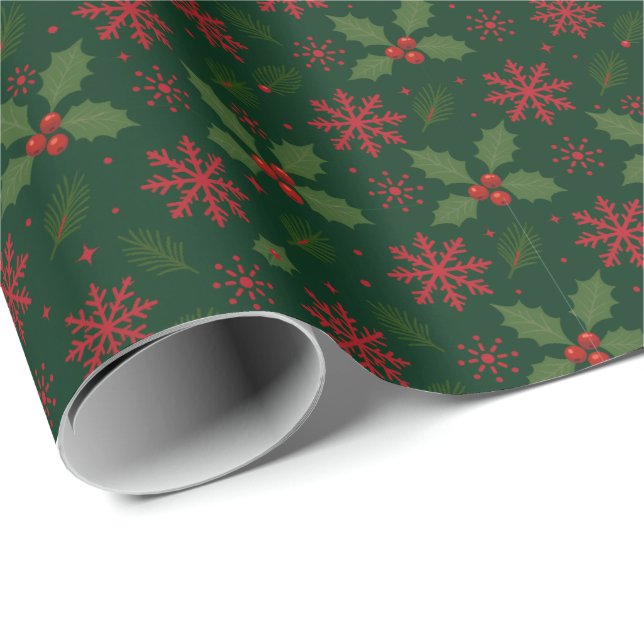 Julgran & rött snöflingemönster presentpapper (Rullad Hörn)