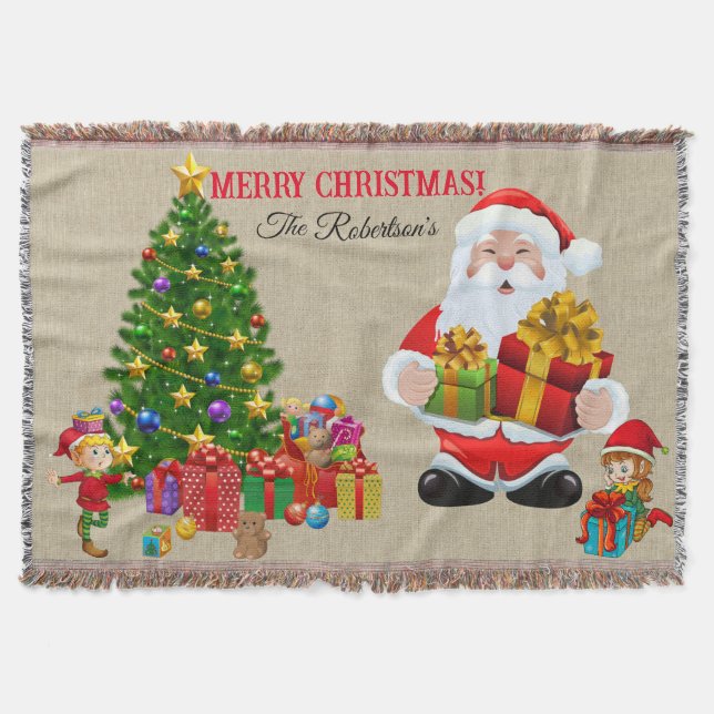 Julgran Santa & Elves Add Namn Gift Filt (Framsidan)