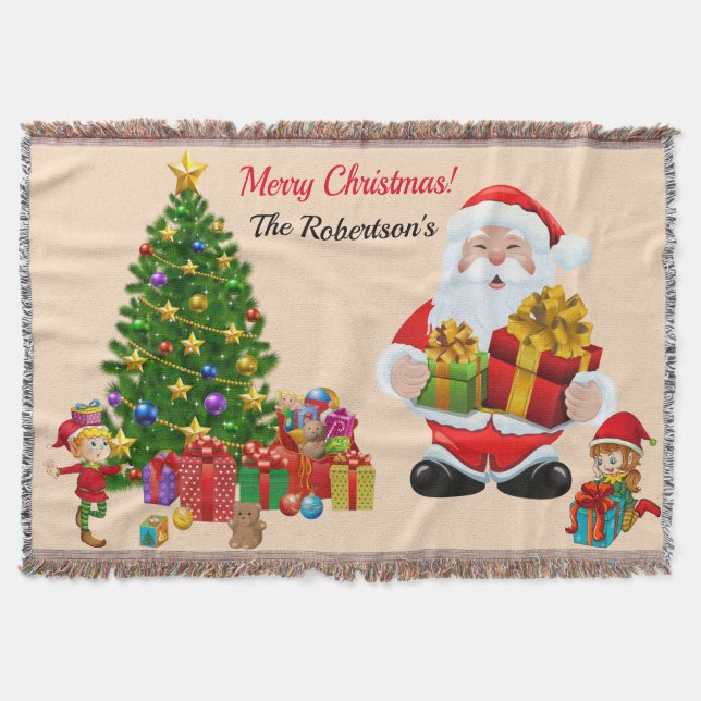 Julgran Santa & Elves Add Namn Gift Thrid B Filt (Framsidan)