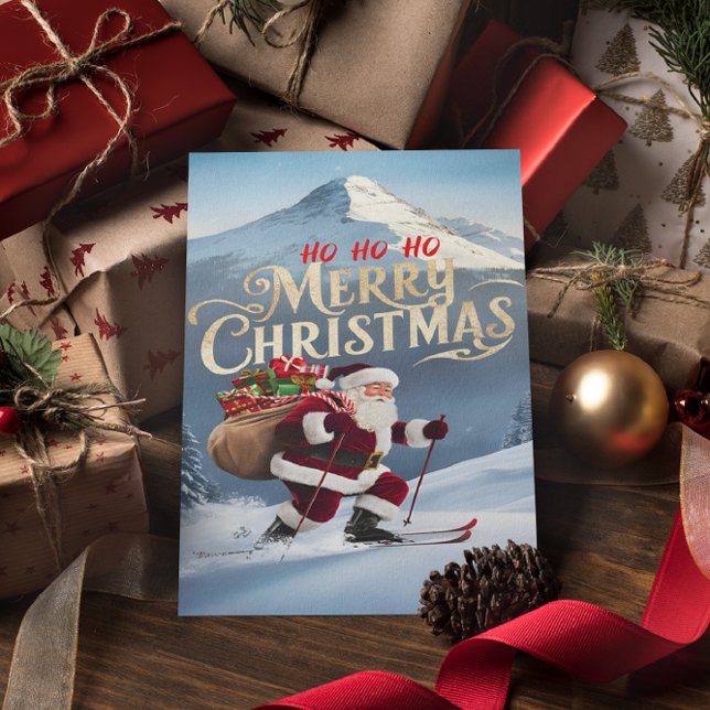 Julgran Santa svävar ner snöiga sluttningar Vykort (Skapare uppladdad)