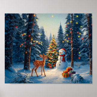 Julgran Scen Söt Hjort Kronhjort Snöman Poster