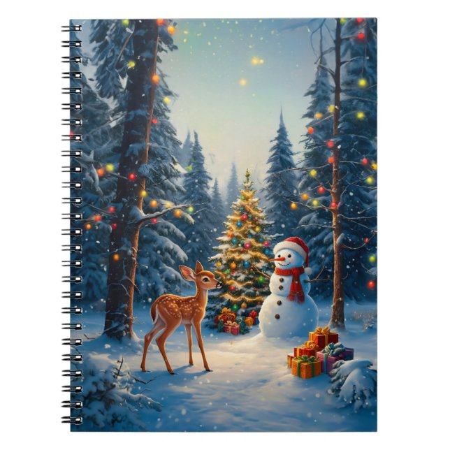 Julgran Scene Cute Hjort Fawn Snögubbe Anteckningsbok (Framsidan)