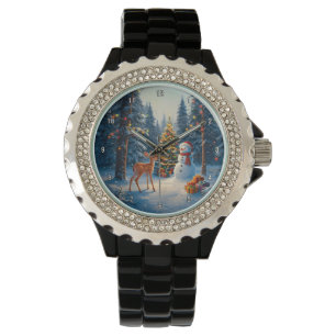 Julgran Scene Cute Hjort Fawn Snögubbe Armbandsur
