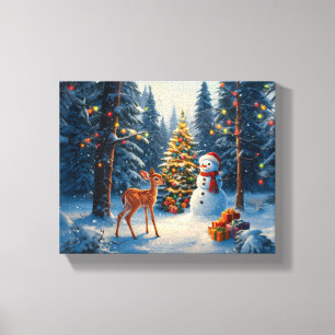 Julgran Scene Cute Hjort Fawn Snögubbe Canvastryck