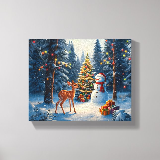 Julgran Scene Cute Hjort Fawn Snögubbe Canvastryck (Framsida)