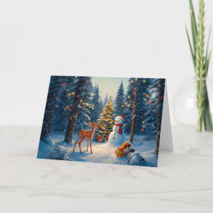 Julgran Scene Cute Hjort Fawn Snögubbe Helgkort