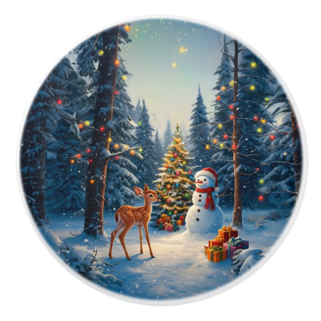 Julgran Scene Cute Hjort Fawn Snögubbe Knopp (Framsidan)