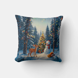 Julgran Scene Cute Hjort Fawn Snögubbe Kudde