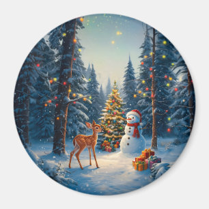 Julgran Scene Cute Hjort Fawn Snögubbe Magnet