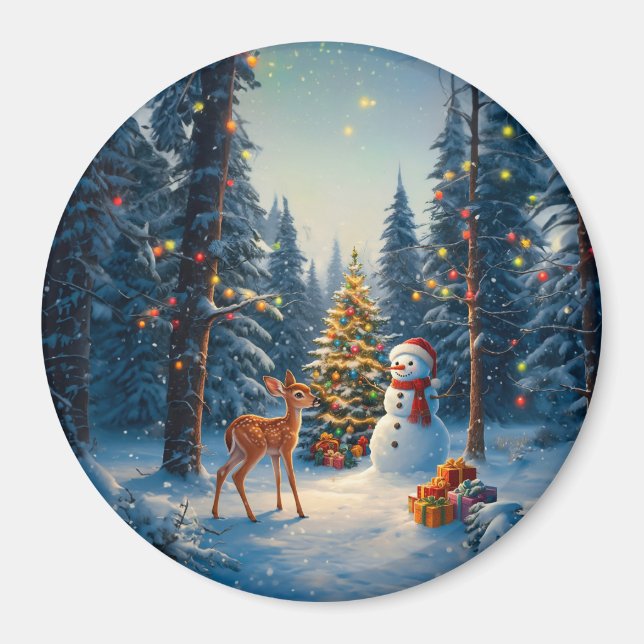 Julgran Scene Cute Hjort Fawn Snögubbe Magnet (Framsidan)