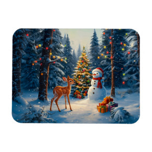 Julgran Scene Cute Hjort Fawn Snögubbe Magnet