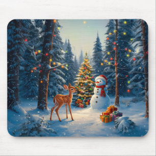 Julgran Scene Cute Hjort Fawn Snögubbe Musmatta