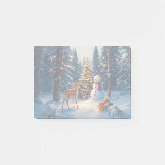Julgran Scene Cute Hjort Fawn Snögubbe Post-it Block (Framsida)