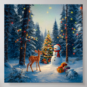 Julgran Scene Cute Hjort Fawn Snögubbe Poster