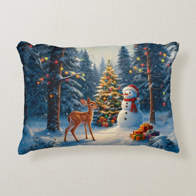 Julgran Scene Cute Hjort Fawn Snögubbe Prydnadskudde (Framsidan)