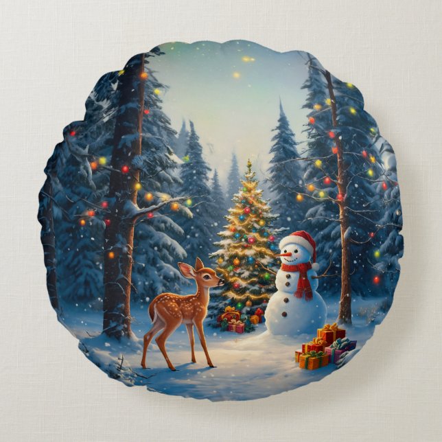 Julgran Scene Cute Hjort Fawn Snögubbe Rund Kudde (Framsidan)