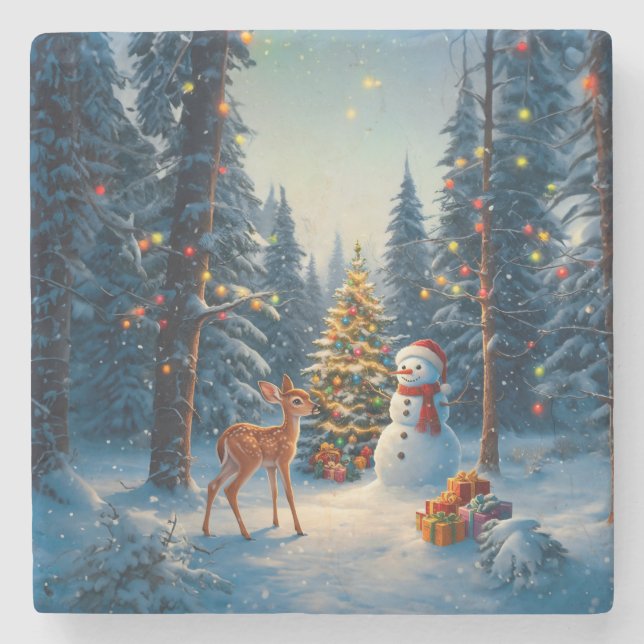 Julgran Scene Cute Hjort Fawn Snögubbe Stenunderlägg (Framsidan)