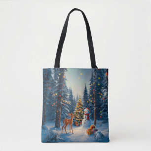 Julgran Scene Cute Hjort Fawn Snögubbe Tygkasse