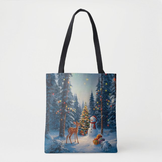 Julgran Scene Cute Hjort Fawn Snögubbe Tygkasse (Framsida)